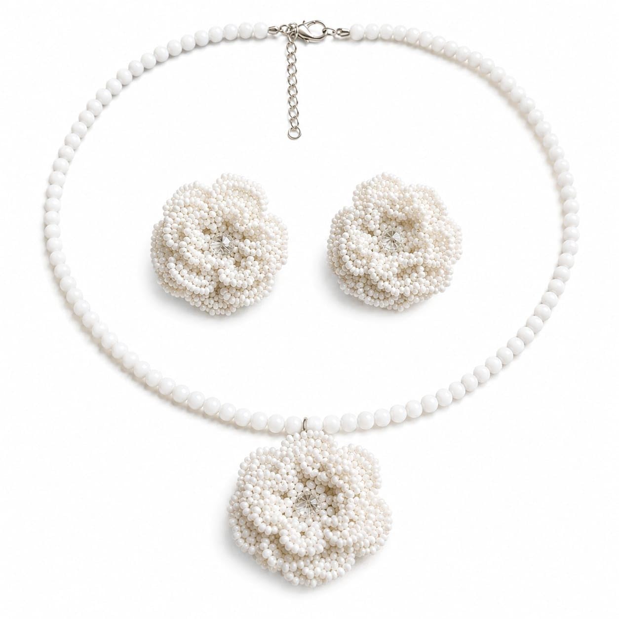White Beaded Floral Jewelry Set for Women | Handmade Flower Necklace with Matching Stud Earrings | Elegant Pearl Bead Choker Set | Party , Wedding, Bridal, Festive & Traditional Jewellery Gift-image-25