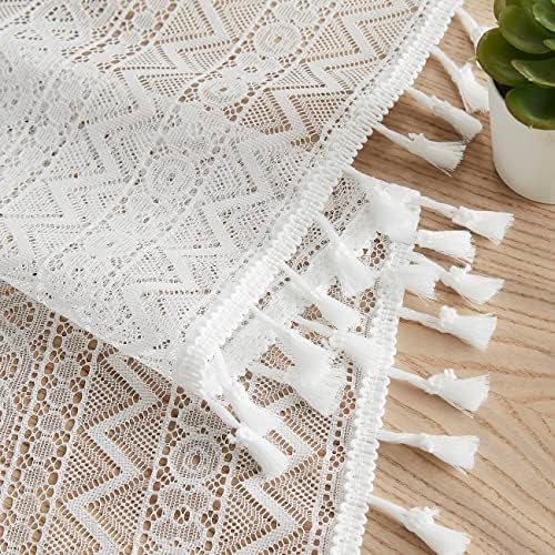 ZJDECOR White Lace Sheer Curtains 84 Inch Length Boho Geometric Pattern Curtains with Tassel 2 Panels Set for Living Room Bedroom, Rustic Linen Rod Pocket Window Treatment Drapes, 40″x84″x2