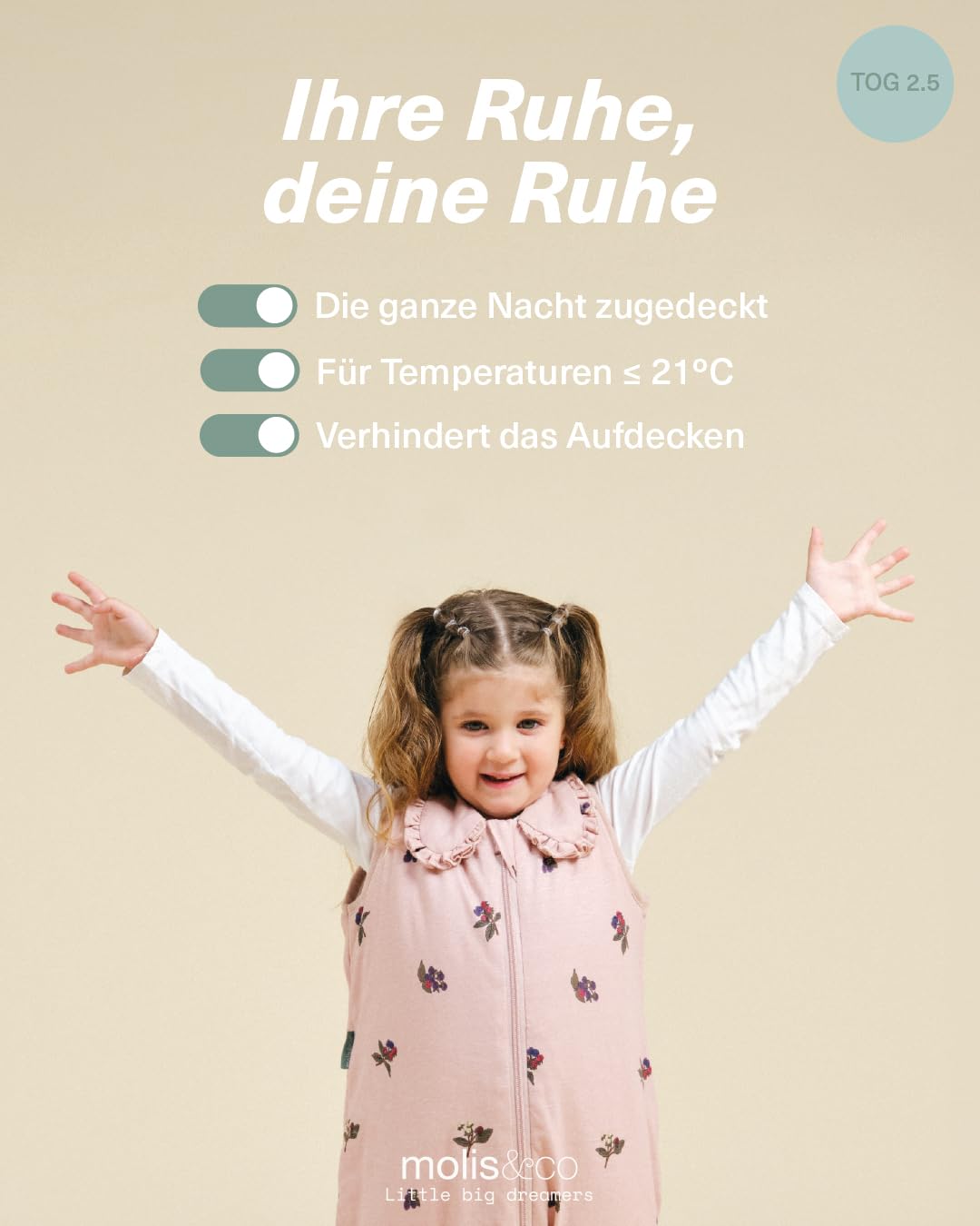 molis&co - Baby Schlafsack mit Füßen 2.5 TOG - Ganzjahres Schlafsack - Babyschlafsack mit Beinen - 100% Baumwolle (Oeko-TEX 100), Winterschlafsack Premium Qualität - Winter Flower (117 cm)
