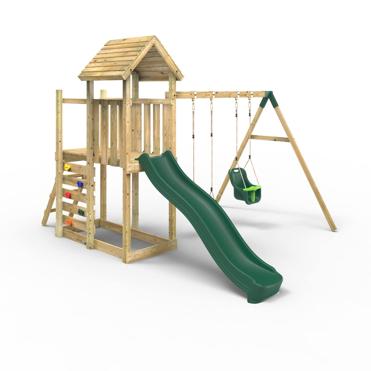 Rebo Green Rebo® Extended Tower Wooden Climbing Frame With Swings And Slide - Rainier | Outdoortoys | Kids' Outdoor Wooden Garden Play Equipment, Children's Jungle Gym