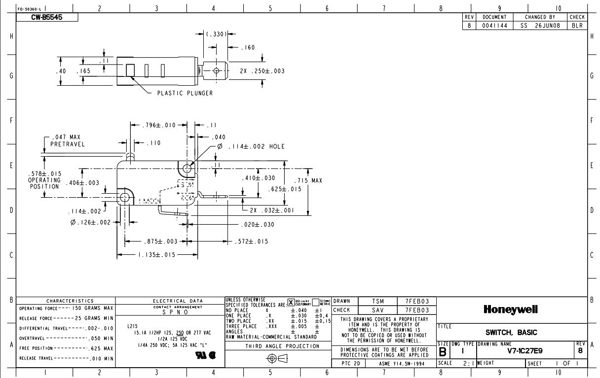 Honeywell S&C V7-1C27E9 Micro SW, Piston à broche, Spst-No, 15 A 277 V (1 pièce)