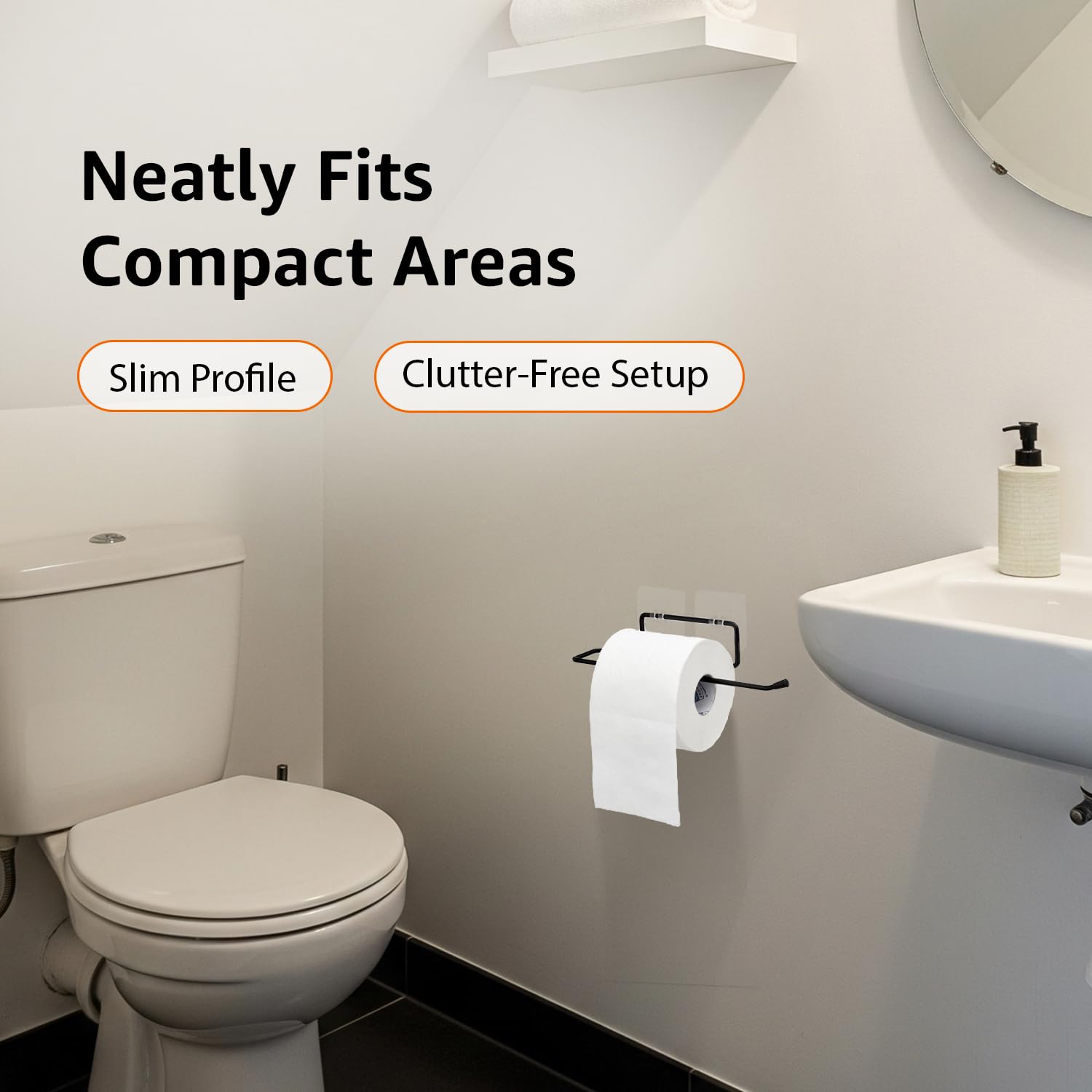 Amazon Basics Self-Adhesive Toilet Paper Holder | Wall-Mounted Bathroom Tissue Roll Hanger | Rust Proof GI Steel with Powder-Coated Black Finish | 24.8L X 5.47W x 4.8H cm, Pack of 3 2