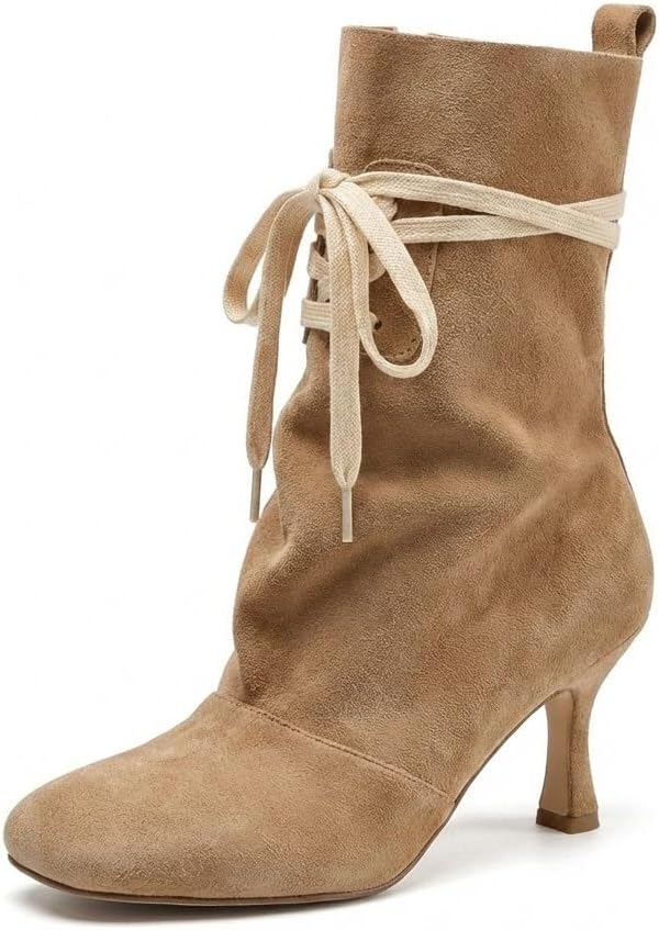 Women's Mid-Calf Boots Square Toe Stiletto Heel Lace Up, Slouch Stacked Suede Riding Boots for Women, Elegant Tall Boots US Size