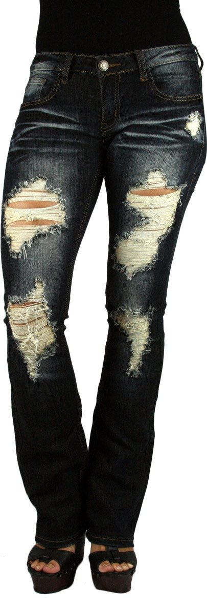 Machine Jeans Women's Destroyed Distressed Ripped Dark Wash Boot Cut Jeans