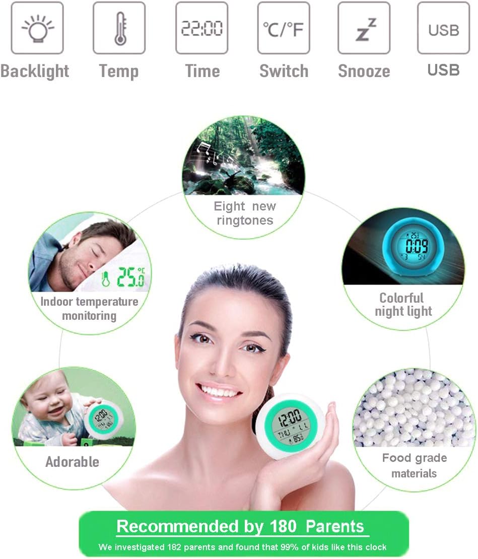Kids Alarm Clock, Digital Alarm Clock with Rechargeable Lithium Battery, 7 Color Changing Night Light, Snooze, Touch Control, Temperature for Children Bedroom, Digital Clock for Boys and Girls