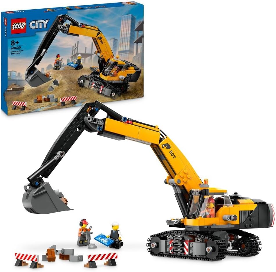 City Yellow Construction Excavator Toy Digger for 8 Plus Year Old Boys, Girls & Kids, Vehicle Set with Driver, Worker and Architect Minifigures for Fun Role Play, Birthday Gift Idea 60420