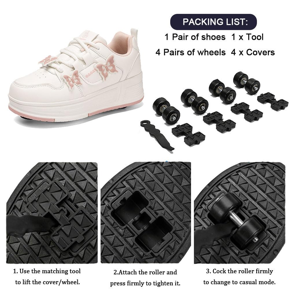 ENEN Schmetterling Schuhe mit Rollen für Mädchen Jungen 2-in-1 Rollschuhe Versenkbarer 31-40 EU