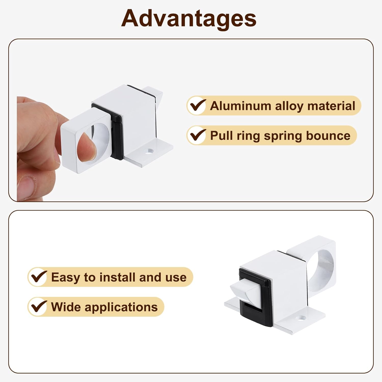 uxcell 2 Pcs Door Bolt Latch, Aluminum Alloy Automatic Spring Bounce Lock Security Pull Ring Spring Bounce Door Bolt for Gate Window Bedroom Shed, White