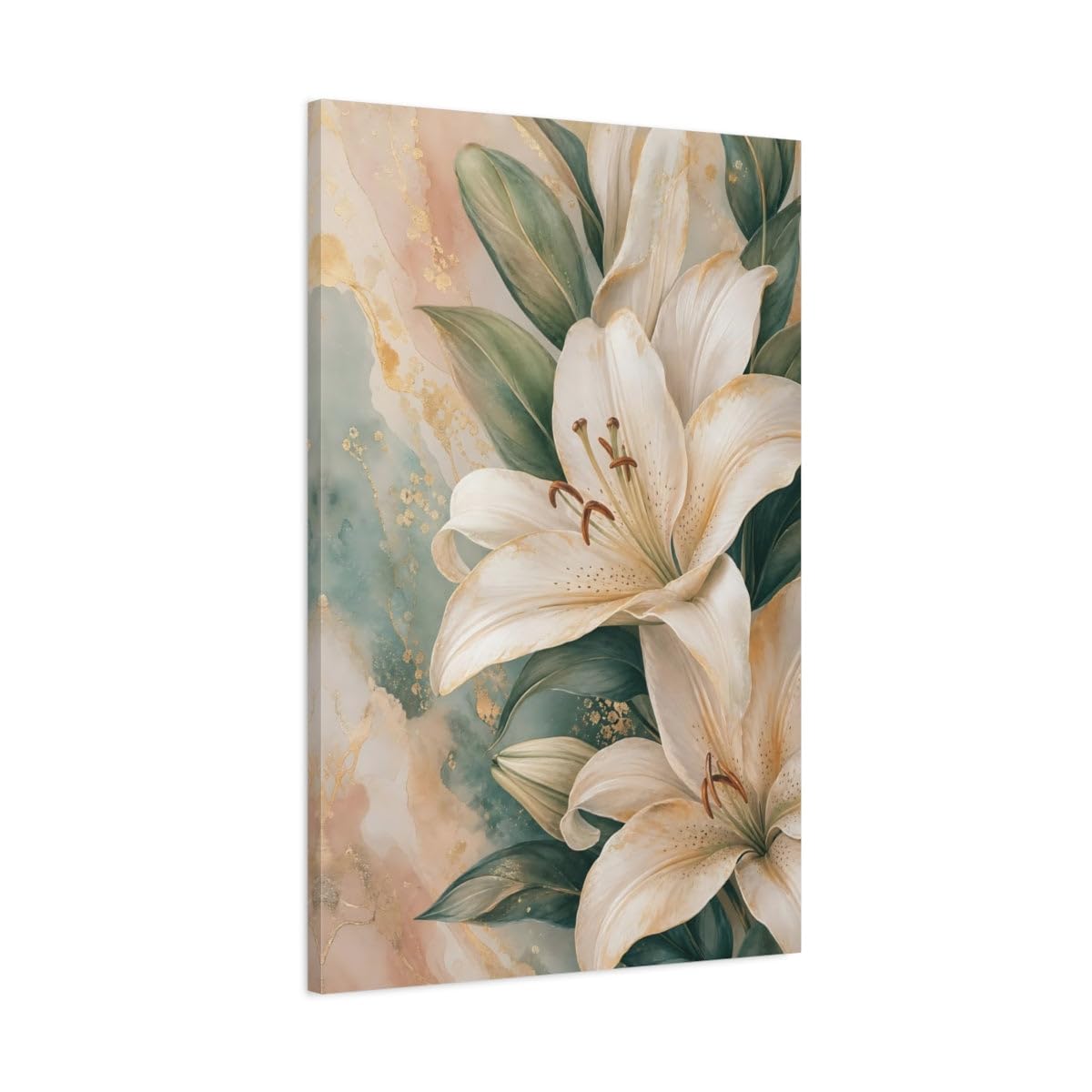 Floral White Lilies Gold Canvas Print – Elegant Living Room, Above Couch 24×36 inch (60×90 cm) - Vertical / 1.25 inch (3 cm)