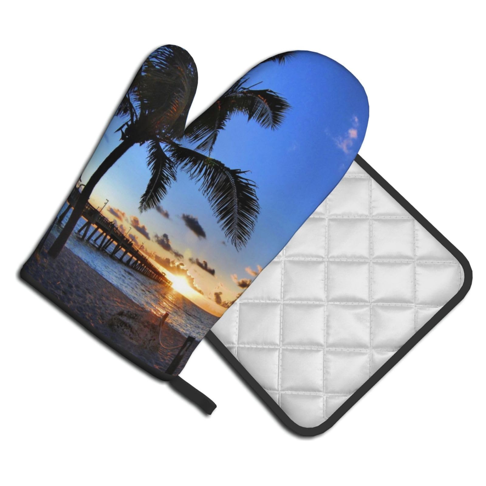 Oven Mitts and Pot Holders Set of 2 Pcs, Sunrise seaside Palm Tree Printed Heat Resistant Kitchen Gloves Potholders for Cooking Baking Grilling