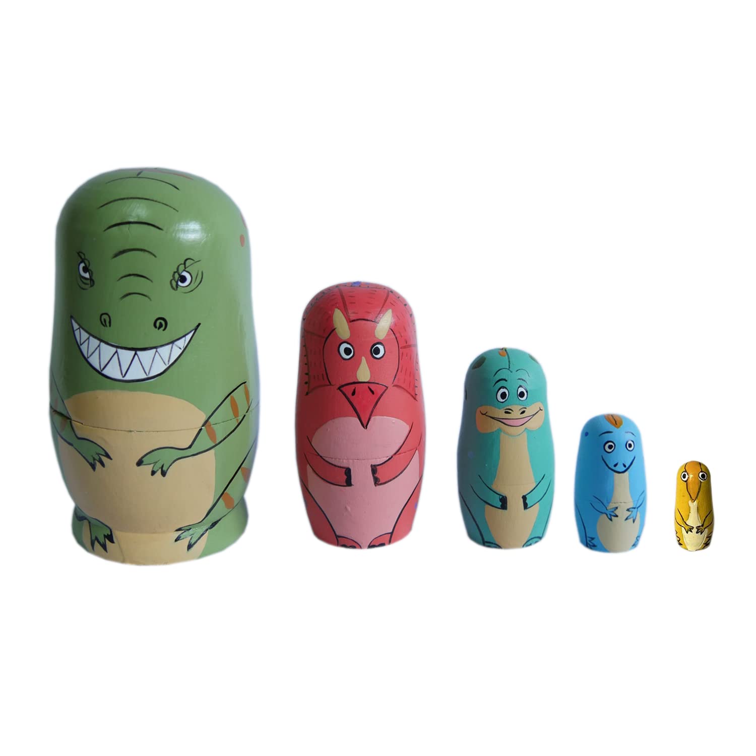 LongJT Russian Nesting Dolls Handmade Cute Cartoon Animals Pattern Wooden Matryoshka Dolls Nesting Doll Stacking Doll Set of 5 (Dinosaur)