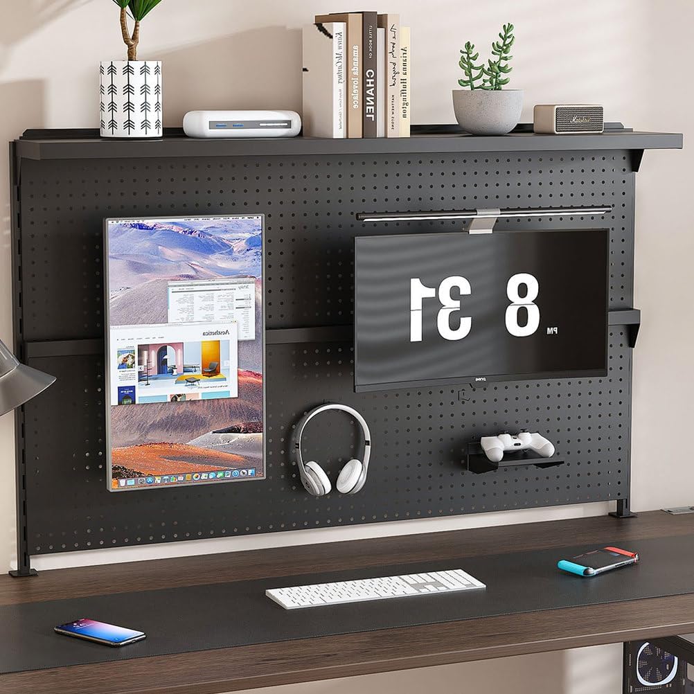 Clamp-On Steel Desk Pegboard with Dual Monitor Mounts, Adjustable Metal Organizer Board with Hooks & Movable Partition, Drill-Free Installation, Ergonomic Monitor Stand for Office & Gaming Desk