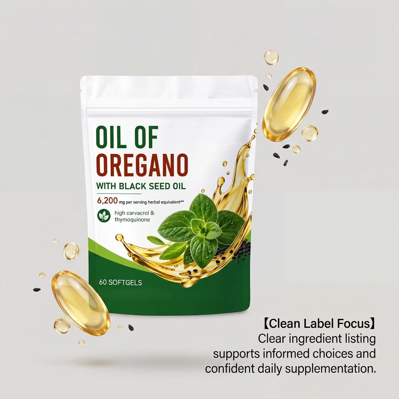 Aceite de orégano con aceite de semilla negra 6200 mg, apoyo digestivo
