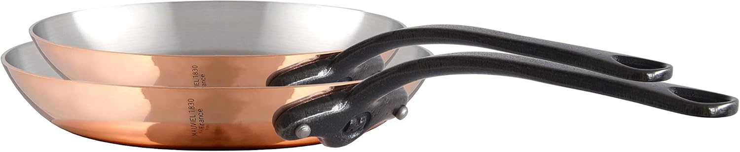 Mauviel M'Heritage M200CI 2mm Polished Copper & Stainless Steel 2-Piece Frying Pan Set With Cast Iron Handles, Made In France
