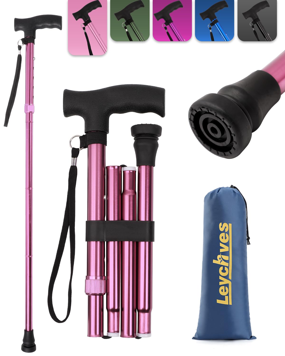Walking Stick for Women Adjustable Folding Walking Sticks for 5.2FT-6.1FT Ladies, 5-Section Different Size Collapsible Cane for Elderly
