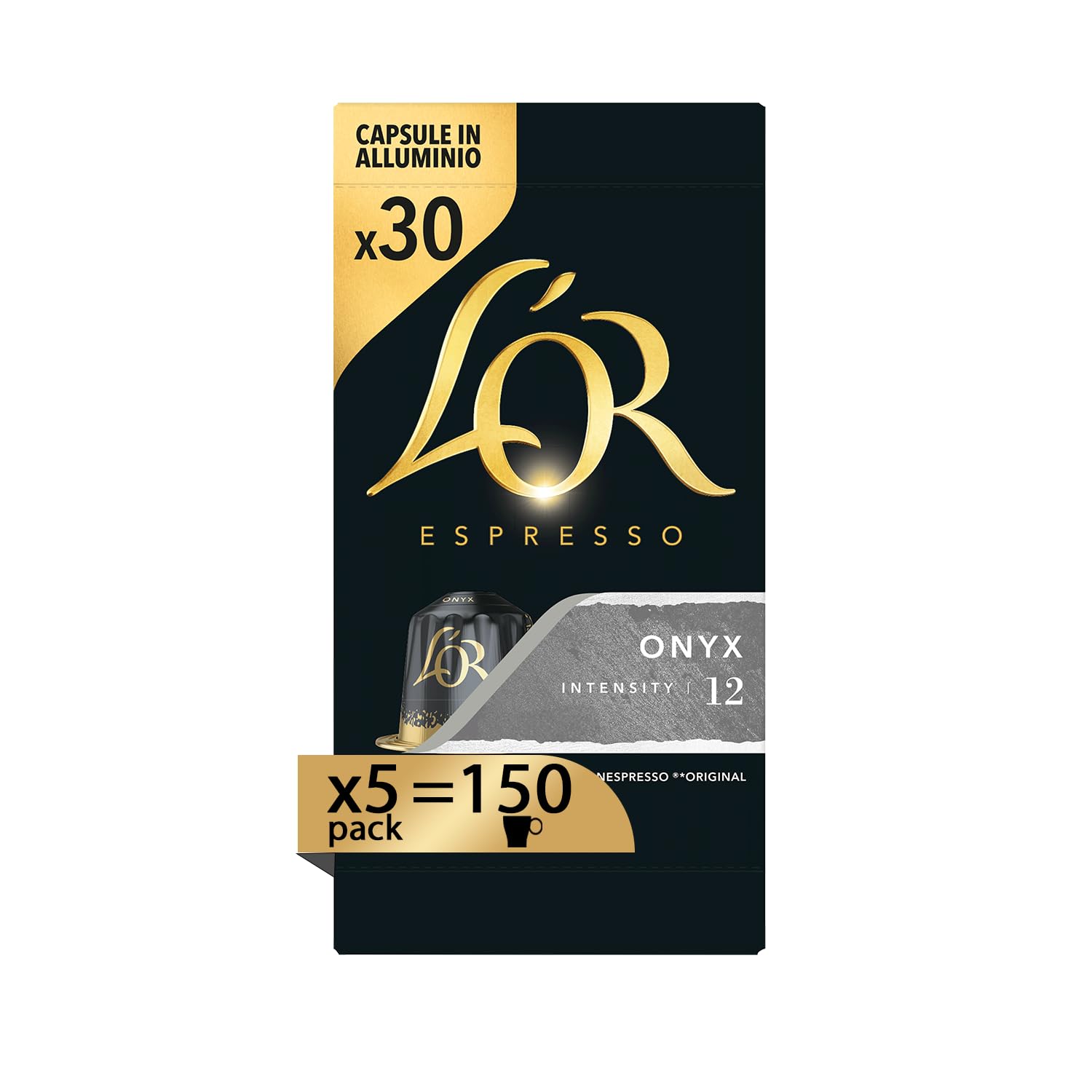 L'Or – Cápsulas de café Espresso Onyx – 150 cápsulas de aluminio – Intensidad 12 – Compatible con las máquinas Nespresso®* originales – 15 cajas de 10 cápsulas