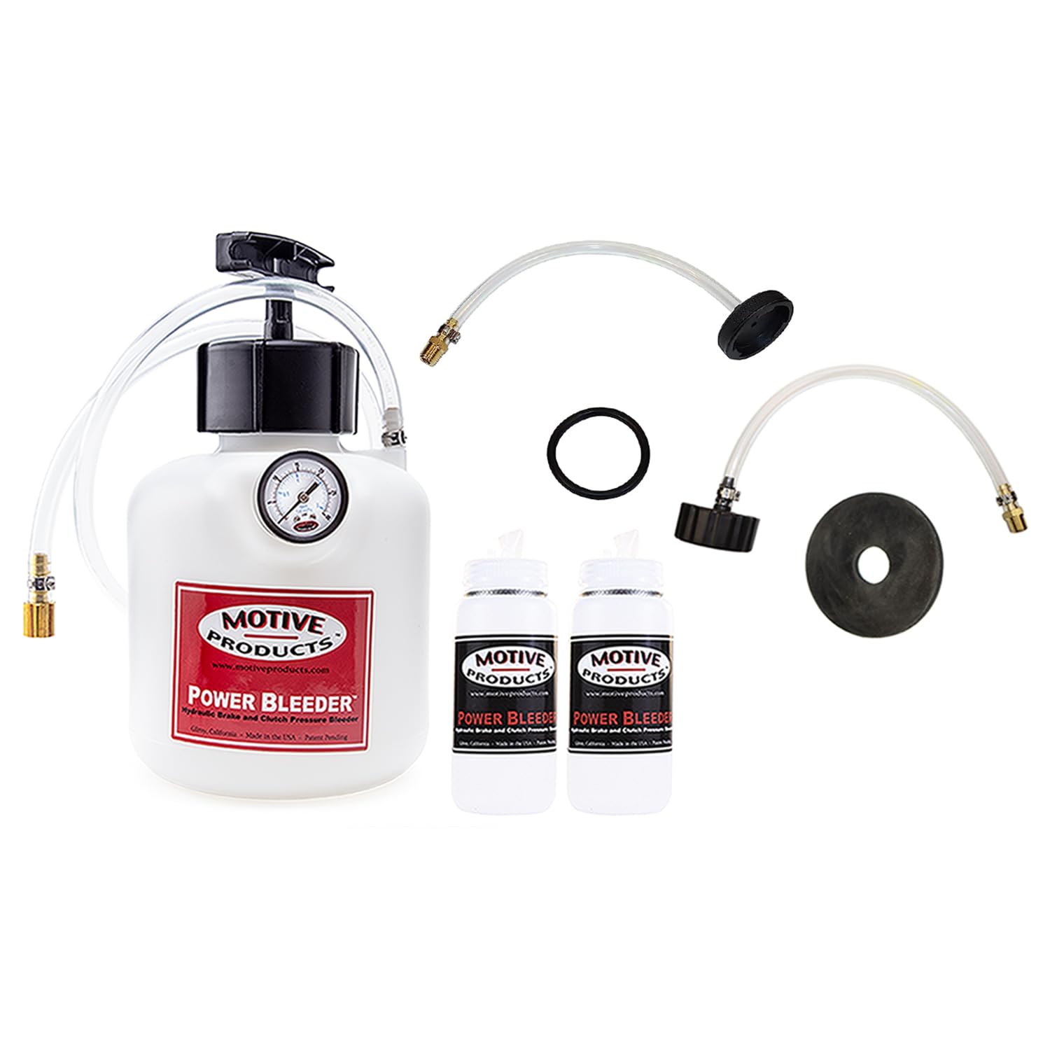 Motive Products Bundle | 0107 Mid-Late Ford Compatible Kit with 2-Quart Power Bleeder Tank, Hose, and Adapter | 1100 European Style 45mm / 1.75" Female Threaded Adapter | 2 Catch Bottles 500mL Each
