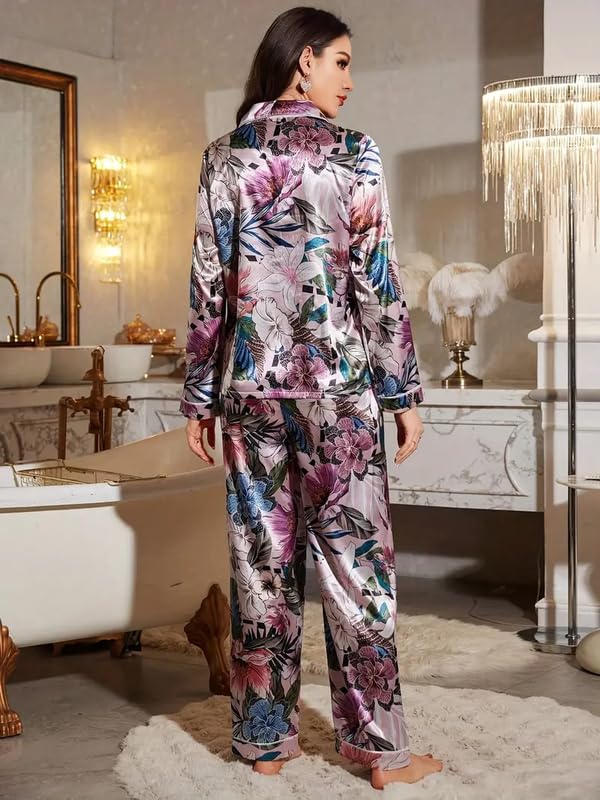 Image of PABROS Night Suit for Women with Full Sleeve Button-Down Top with Pant Dress for Woman, Night Dress for Woman, Cotton Two-Piece Loungewear Set