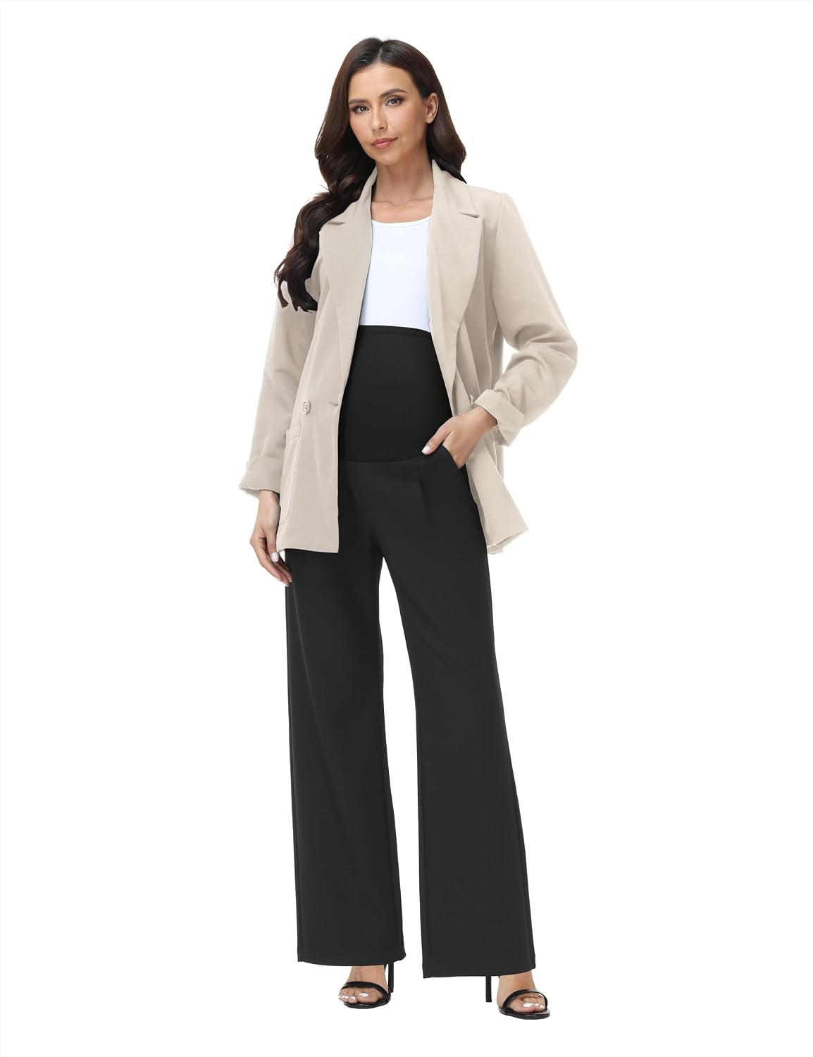 V VOCNI Women's Maternity Work Pants Wide Leg Over The Belly Pregnancy Dress Pants Office Slacks with Pockets
