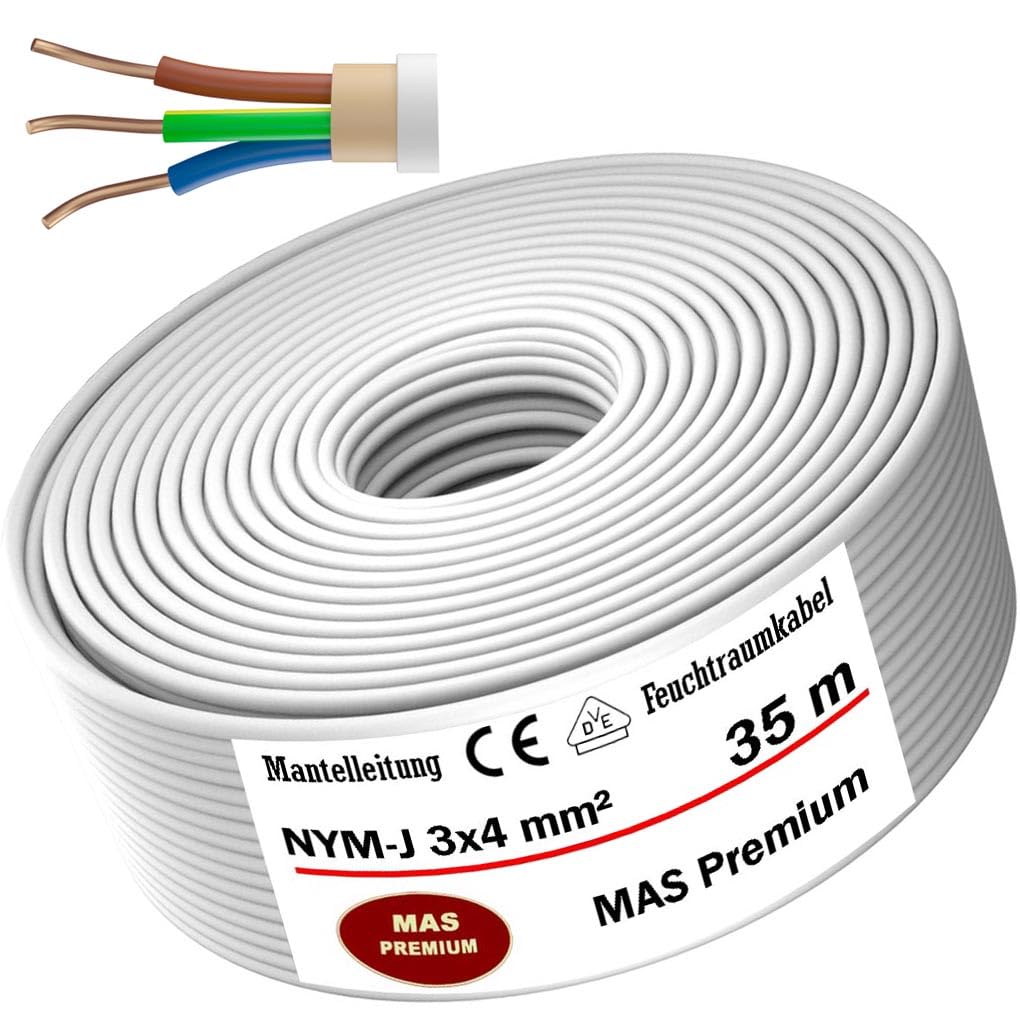 MAS Premium Cable de alimentación para ambientes húmedos de 5 a 100 m, NYM-J, 3 x 4 mm², anillo de cable eléctrico para instalación fija (35 m)