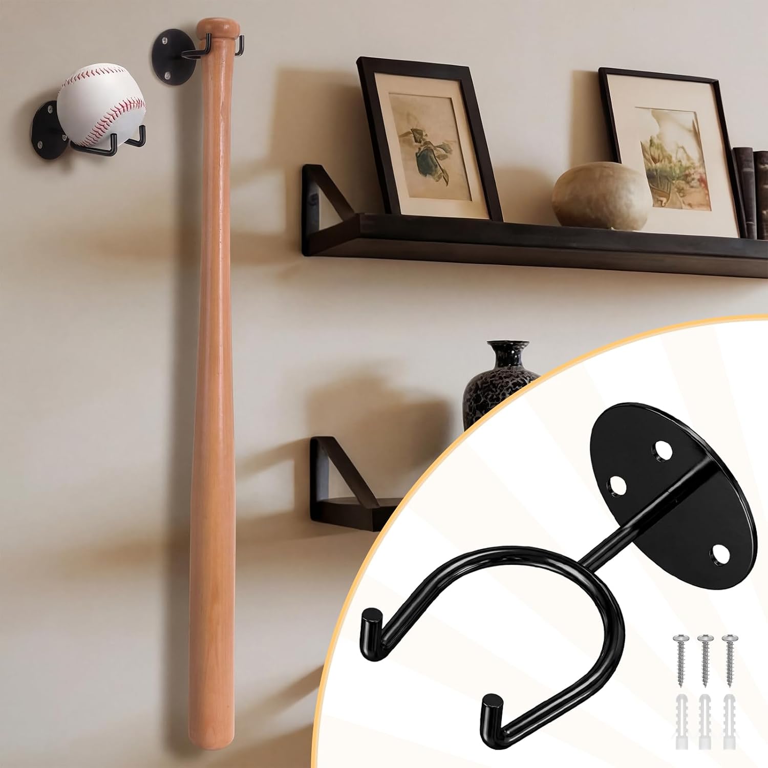Threan 4 Pack Baseball Bat Wall Mount Sports Baseball Holder, Softball Display Memorabilia Holder Wall Mount Ball Stand for Man Sports Ball Display Storage Decor Rack(Black) image 4
