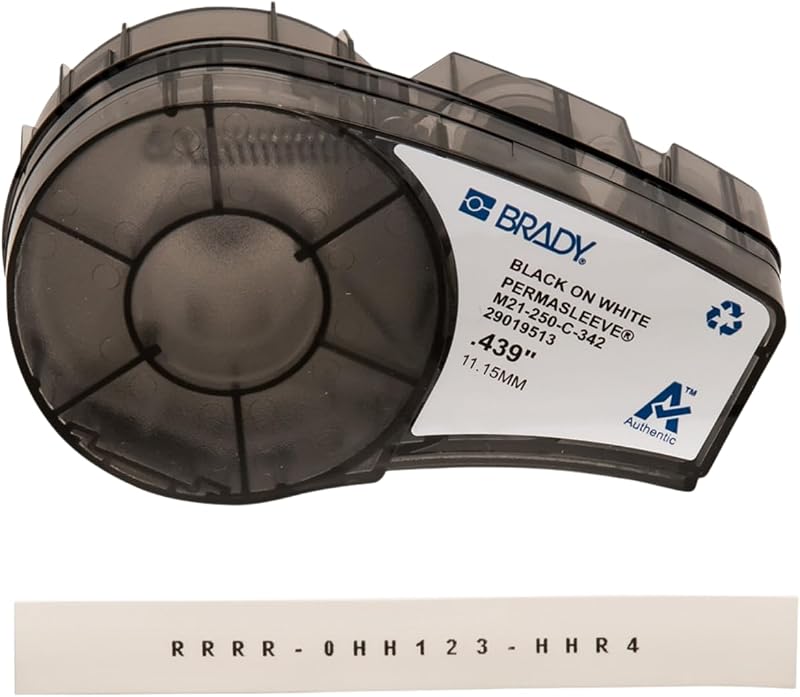 Brady Authentic (M21-250-C-342) Tubo termorretráctil PermaSleeve para paneles eléctricos y de control, arnés de cables, negro sobre blanco, para impresoras M210, M210-LAB, M211, BMP21-PLUS y BMP21-LAB, .439" W 7'L