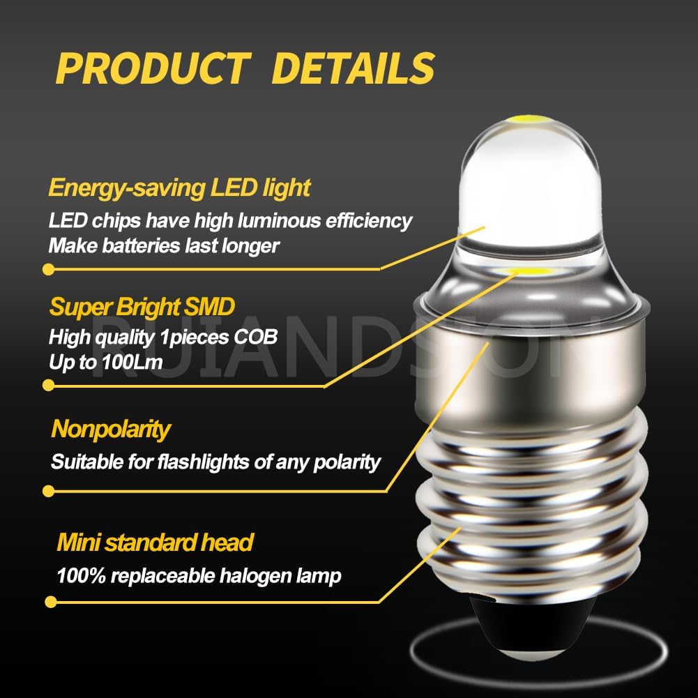 Ruiandsion 4pcs E10 LED Bulbs 3V 6000K White LED Bulbs for Torchlight Flashlight Torch Light,Non-Polarity