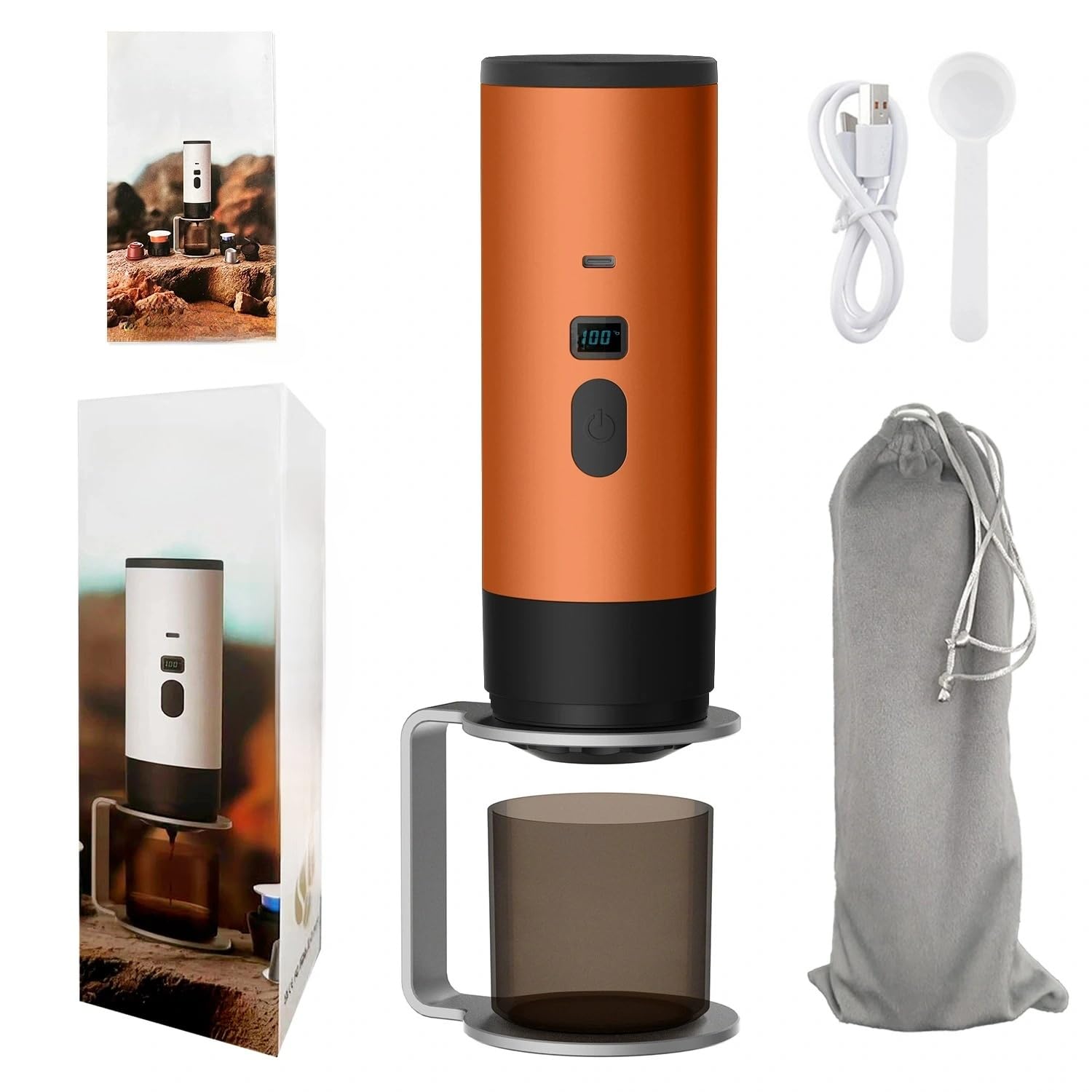 Portable Electric Espresso Coffee Maker, Rechargeable Capsule Machine, 90ML Tank, 120ML Cup, 5 Colors (Vitality Orange Standard Edition, with Velvet Bag for Stand)