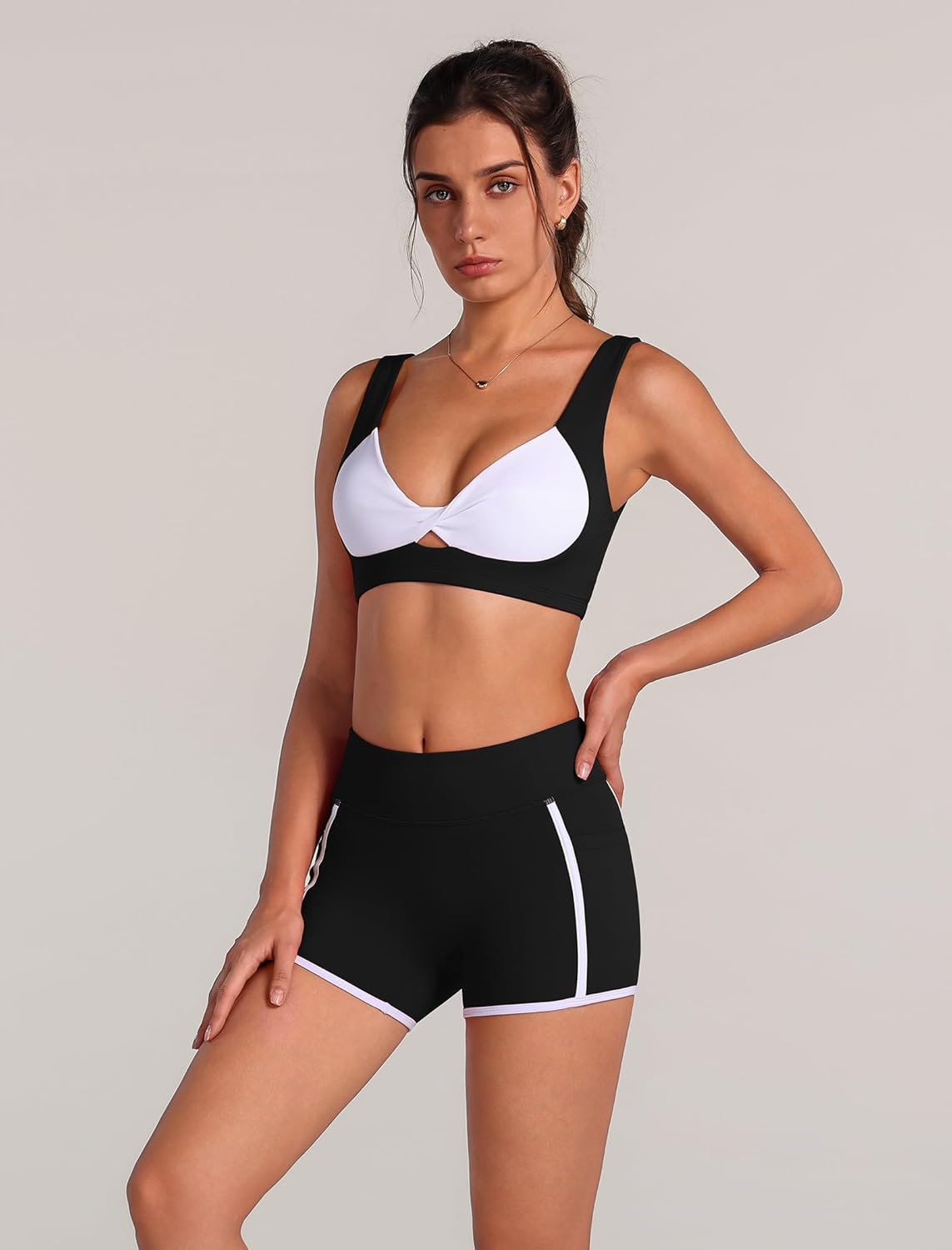 ABOCIW Womens Workout Sets Contrast Trims Twist Front Sports Bra High Waist Mini Shorts with Pockets Pilates Outfits - Image 2
