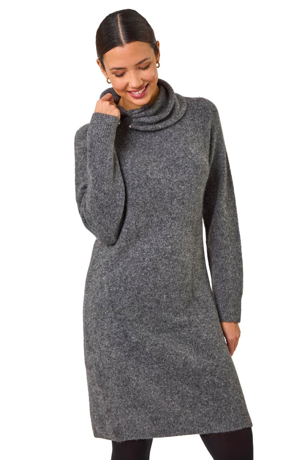 Roman Women's Dark Grey Ring Neck Detail Knitted Dress In | : Size 18
