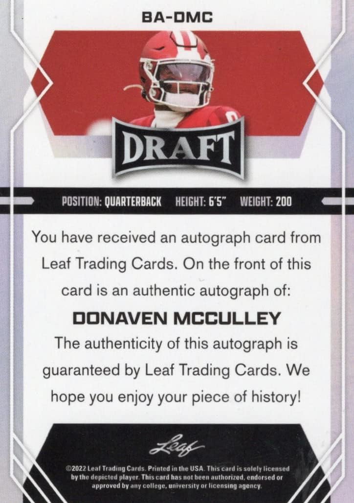 Donaven McCulley Autographed Red Parallel Leaf Rookie Card Collectible Football Card - 2022 Leaf Draft Football Card #BA-DMC (Indiana) Free Shipping