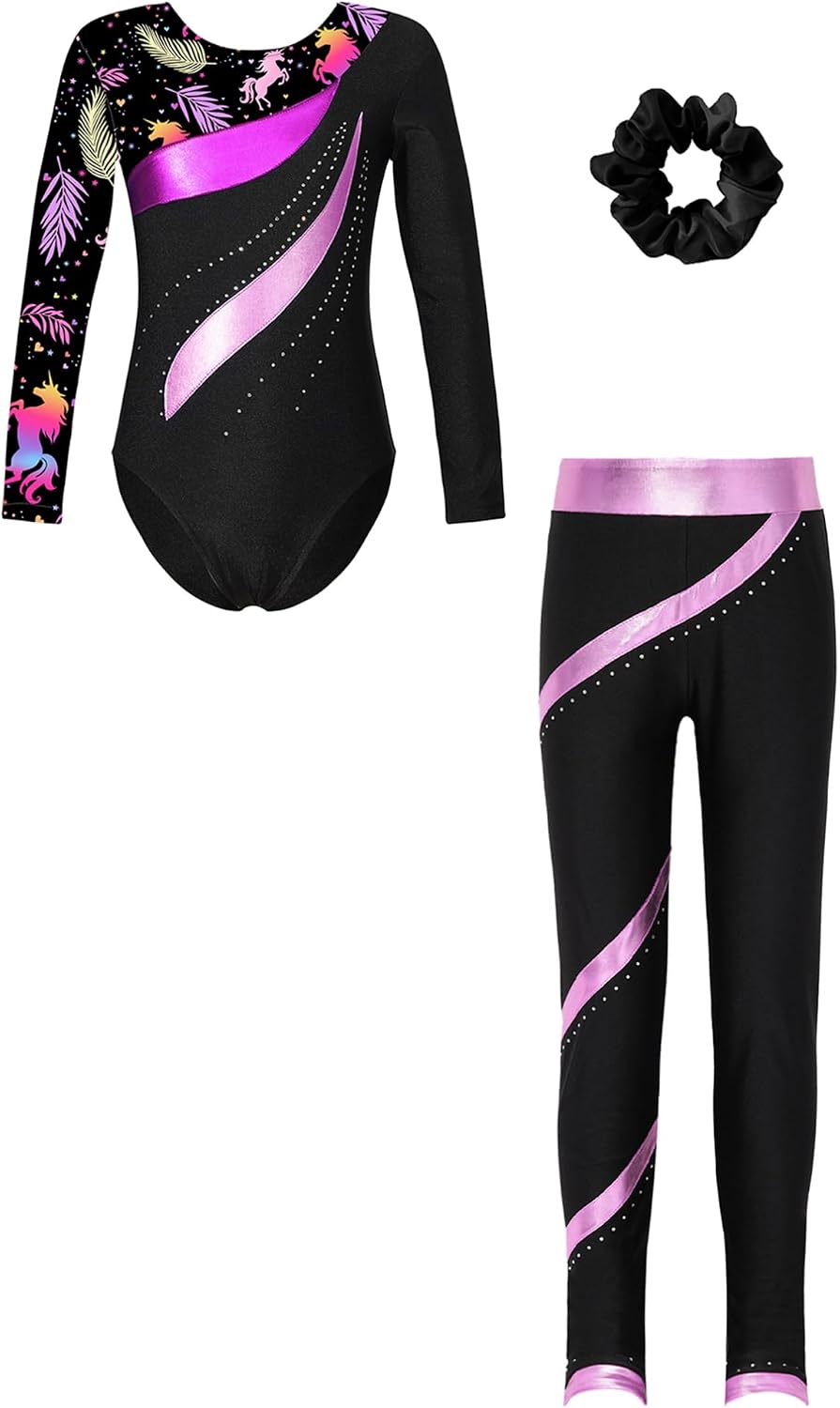 Jhaoyu Girls Sport Dance Outfits Set Sparkle Ballet Gymnastics Leotards Long Sleeve Skating Jumpsuit with Leggings