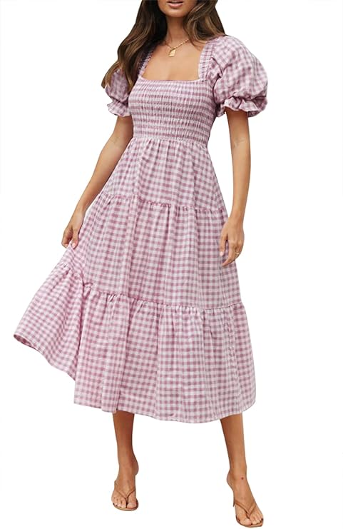 ZESICA Women's 2026 Bohemian Summer Plaid Square Neck Puff Sleeve Ruffle Flowy Beach Midi Dress