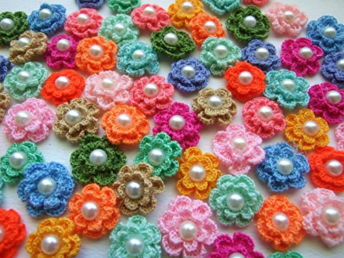 Icrafy Brand 50 Pcs. Assorted Crochet Flower Pearl Fabric Satin Craft Sewing Appliques Diy Diameter 20 Mm. #TOP2
