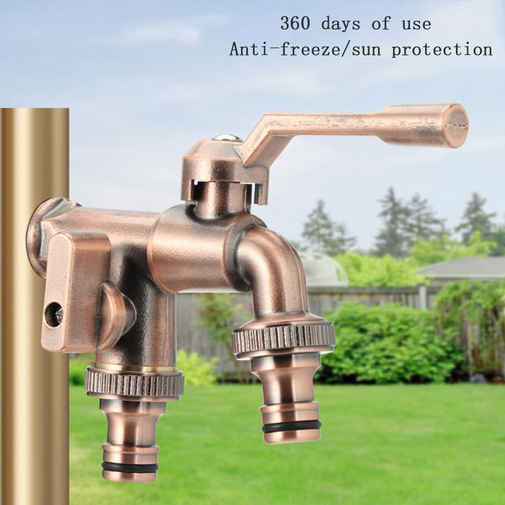 MXCERH Vintage Brass Double Outlet Garden Tap Wall Mounted 1/2'' Inch Frost Resistant Faucet for Outdoor Use