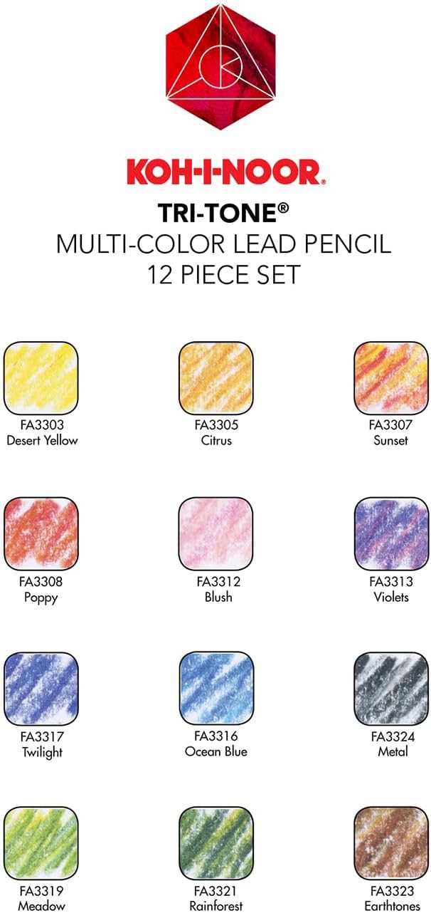 Koh-I-Noor Tri-Tone Multi-Colored Pencil Set, 12 Assorted Colors in Tin and Blister-Carded (FA33TIN12BC) image 4