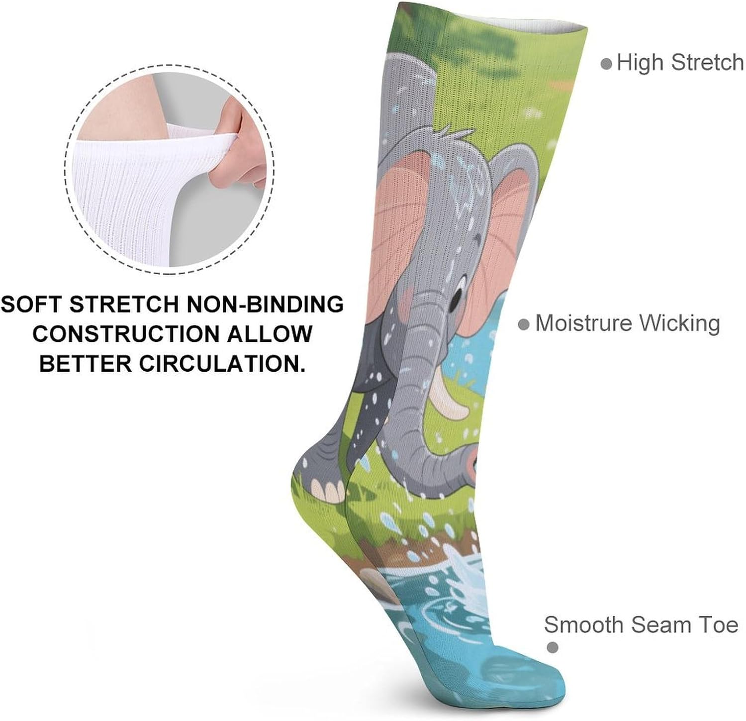 An Elephant Taking A Bath Crew Socks High Stocking Thermal Socks | Tube Socks-Breathable-Moisture-Soft-wicking for Hospital Pilates Yoga for women men Grippy for office and daily walking