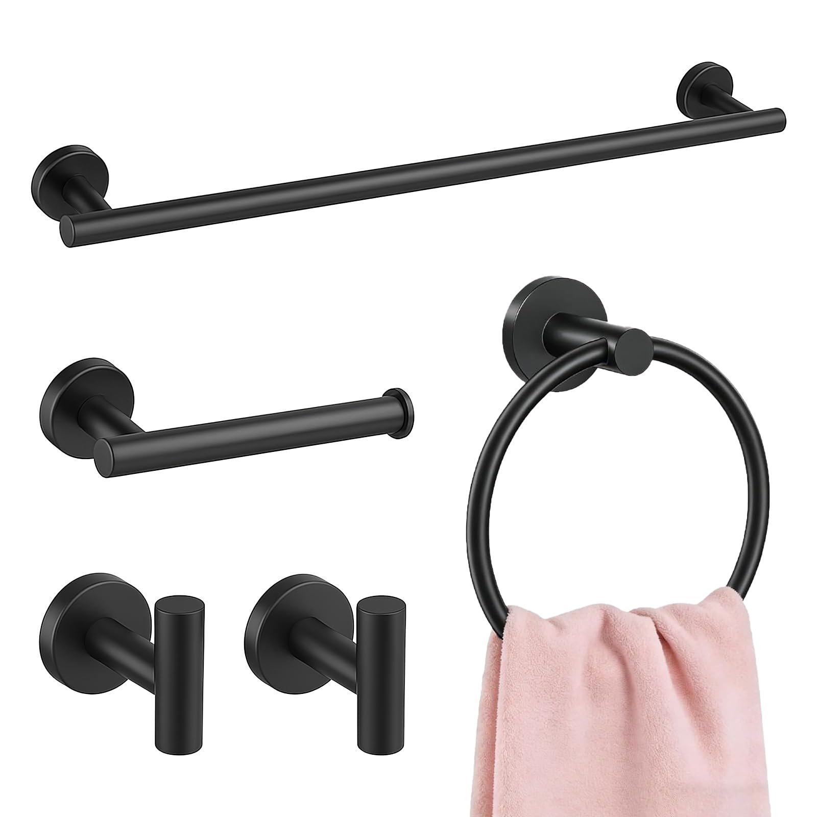 5 Pcs Matte Black Bathroom Accessories Set, Stainless Steel Wall Mounted Bathroom Hardware Set Includes Towel Rail, Toilet Paper Holder, Towel Ring and Robe Hooks, Rustproof Waterproof Easy to Install