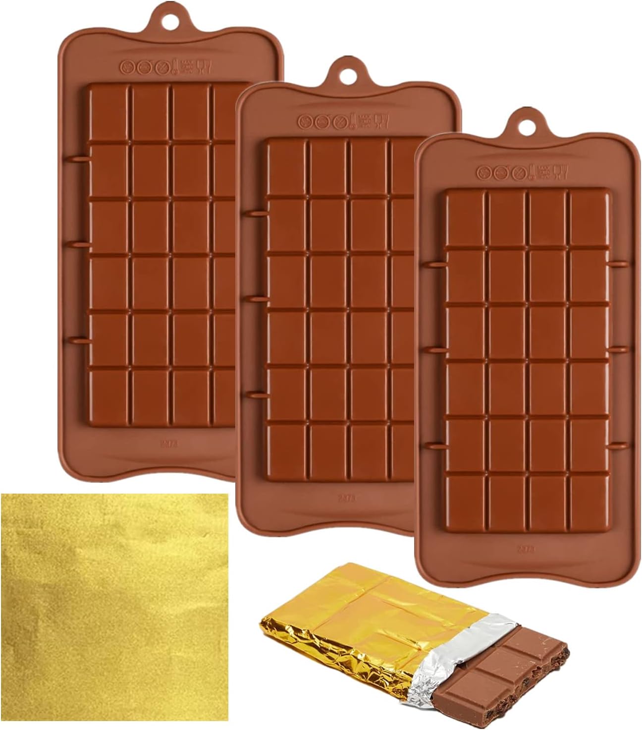 Accfore 3 PCS Chocolate Moulds with 100 Gold Foil Wrappers