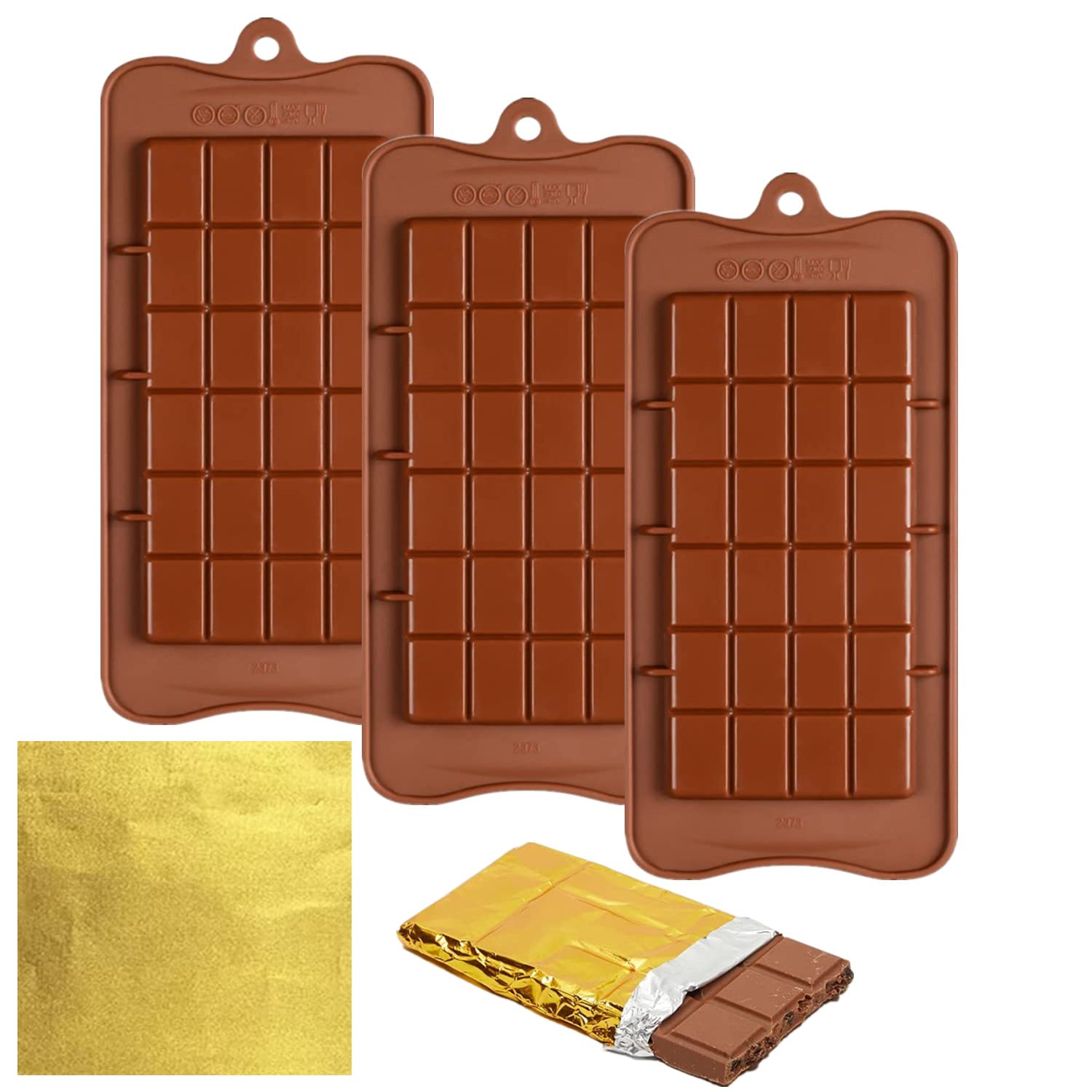 Accfore 3 PCS Chocolate Moulds with 100 Gold Foil Wrappers,Non-stick Silicone Break Apart Protein and Engery Bar Candy Chocolate Molds (3 PCS Chocolate Moulds+100 Gold Foil Wrappers)