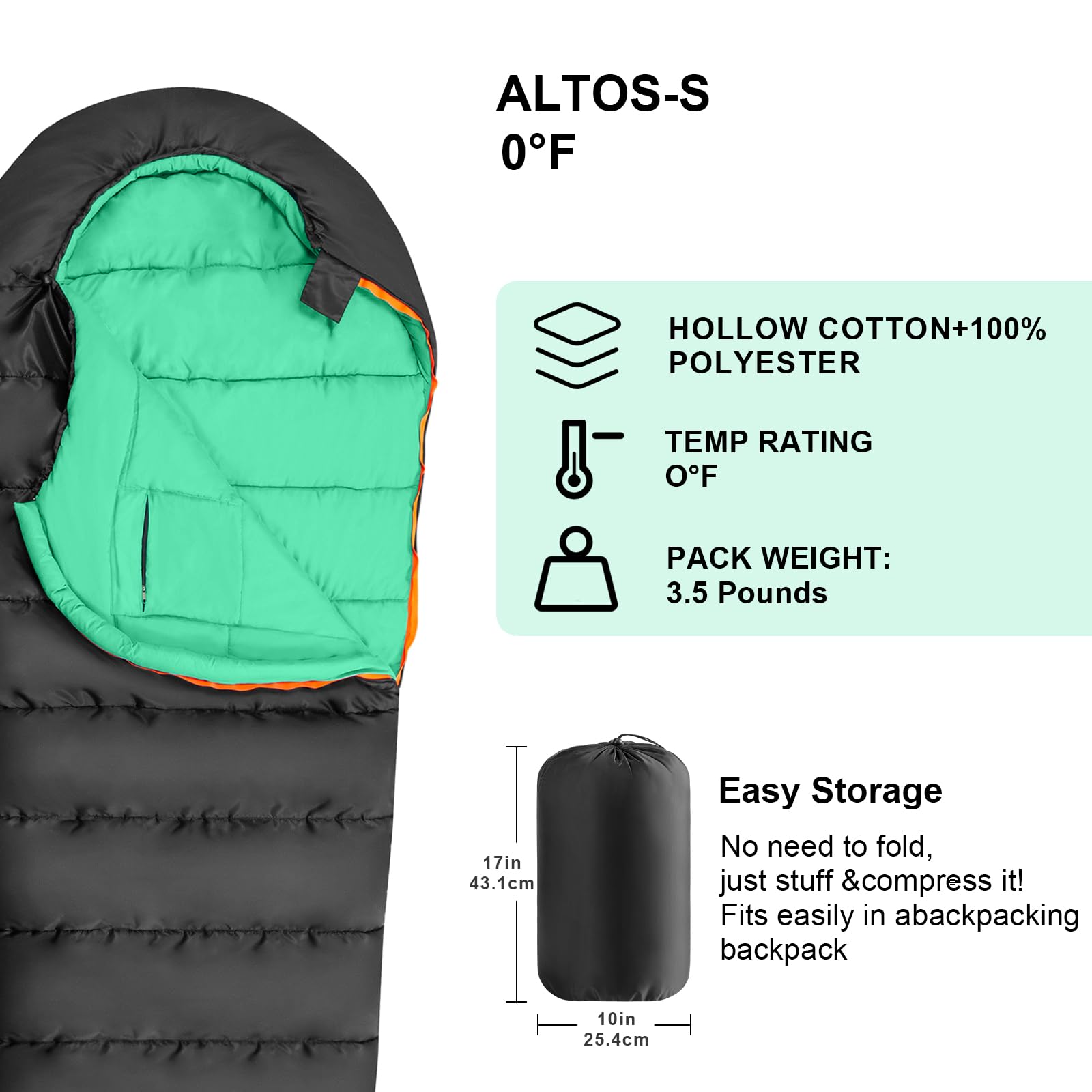 KAMPKEEPER Saco de dormir para momia, saco de dormir para acampar para clima frío, -0.0 °C 3-4 estaciones, saco de dormir para adultos, cremallera sin enganches con capucha ajustable para mochileros