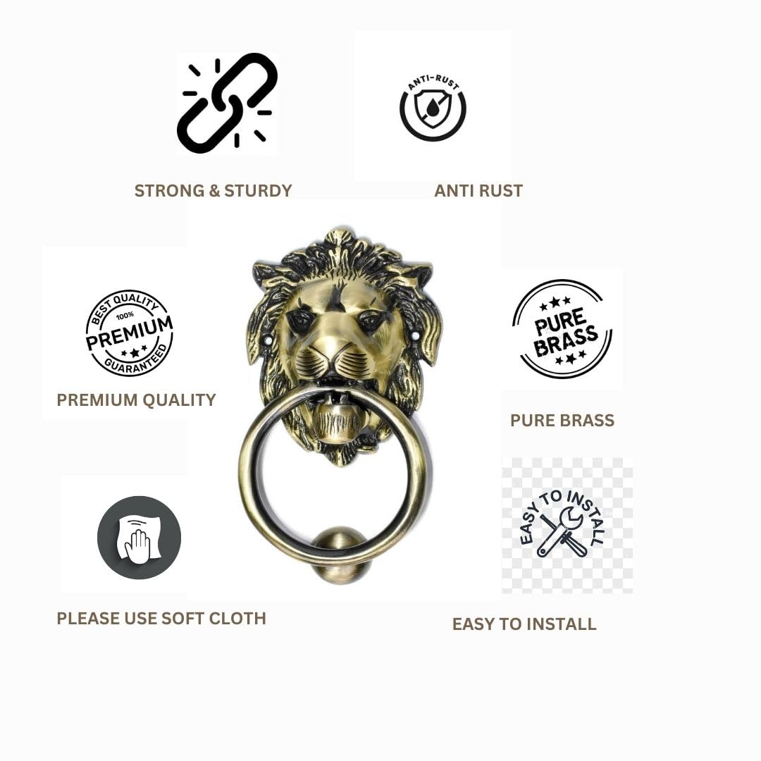Decora Dora Beautiful Door Knocker in Brass with Antique Finish (7" Lion Head) 2