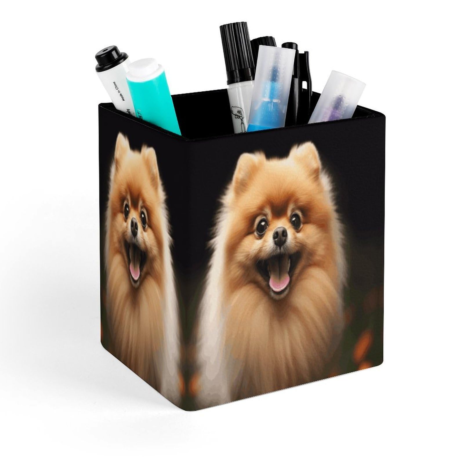 VstaDank Pomeranian Pen Holder Square Pencil Holder Leather Pencil Cup Pen Organizer Makeup Brush Holders Pen Cups Desktop Stationery Organizer for Home Office Desk Organizers