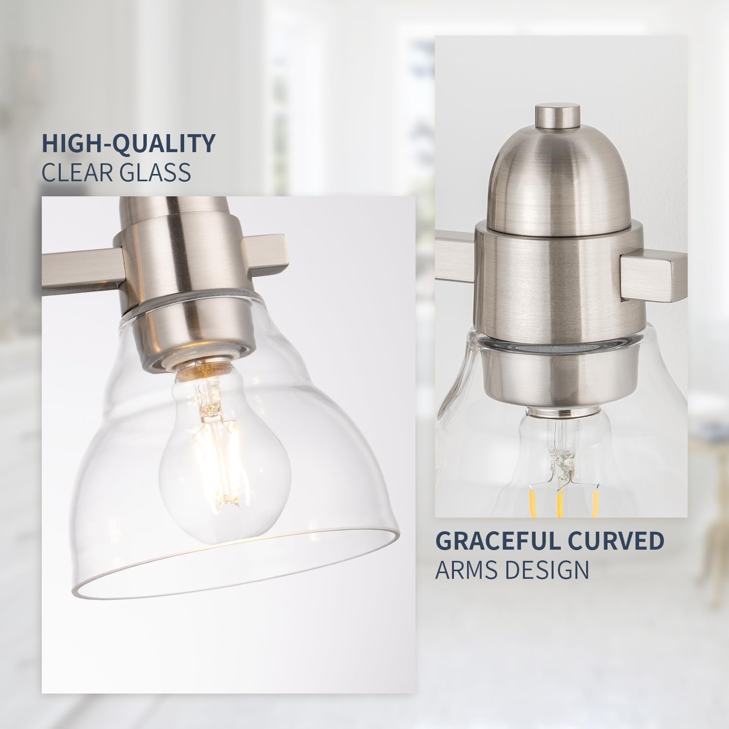 22in 3 Light Brushed Nickel Vanity Lights for Bathroom, Vanity Lighting Fixtures with Bell Shape Clear Glass Shade