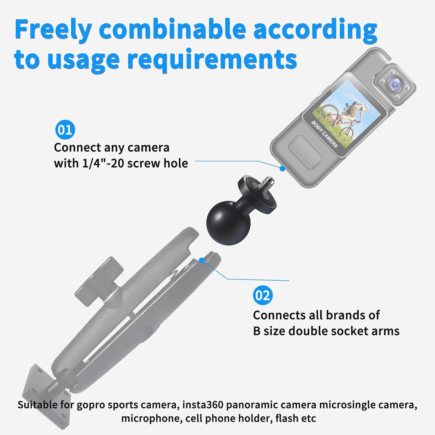 Universal Aluminum 1" Ball Adapter with 1/4"-20 Threaded Stud, Compatible with RAM Mount B Size Double Socket Arm for Digital Cameras, Camcorders, Sports Camera