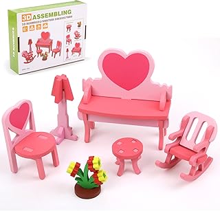 Wooden Dollhouse Furniture Set, Miniature Dollhouse Wood Furniture Accessories, Including Dressing Table and Chairs for Pretend Play Doll House, Playhouse Family Figures Play Toy