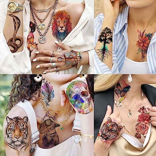 Image of VANTATY 55 Sheets 3D Watercolor Temporary Tattoos For Women Men Adults Kids - Realistic Animal Print, Tribal, Floral, Halloween Designs - Multicolor - Waterproof - Ages 3+