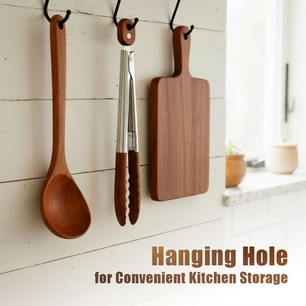 Wooden Tongs for Cooking with Stainless Steel Long Handle – Non-Slip Design, Hanging Hole, Perfect for BBQ, Salad Tossing & Serving, Household Creative Cooking Tongs (9 Inch)