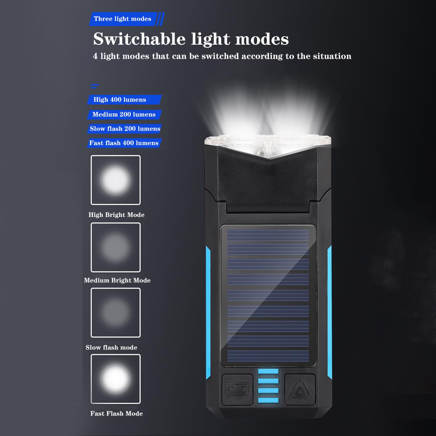 Phare de vélo + klaxon, Recharge bi-Mode USB/Solaire, Trois Modes d'éclairage, Affichage de la Puissance, Grande Batterie 4000 mAh, 12,2 * 5,5 * 2,6 cm