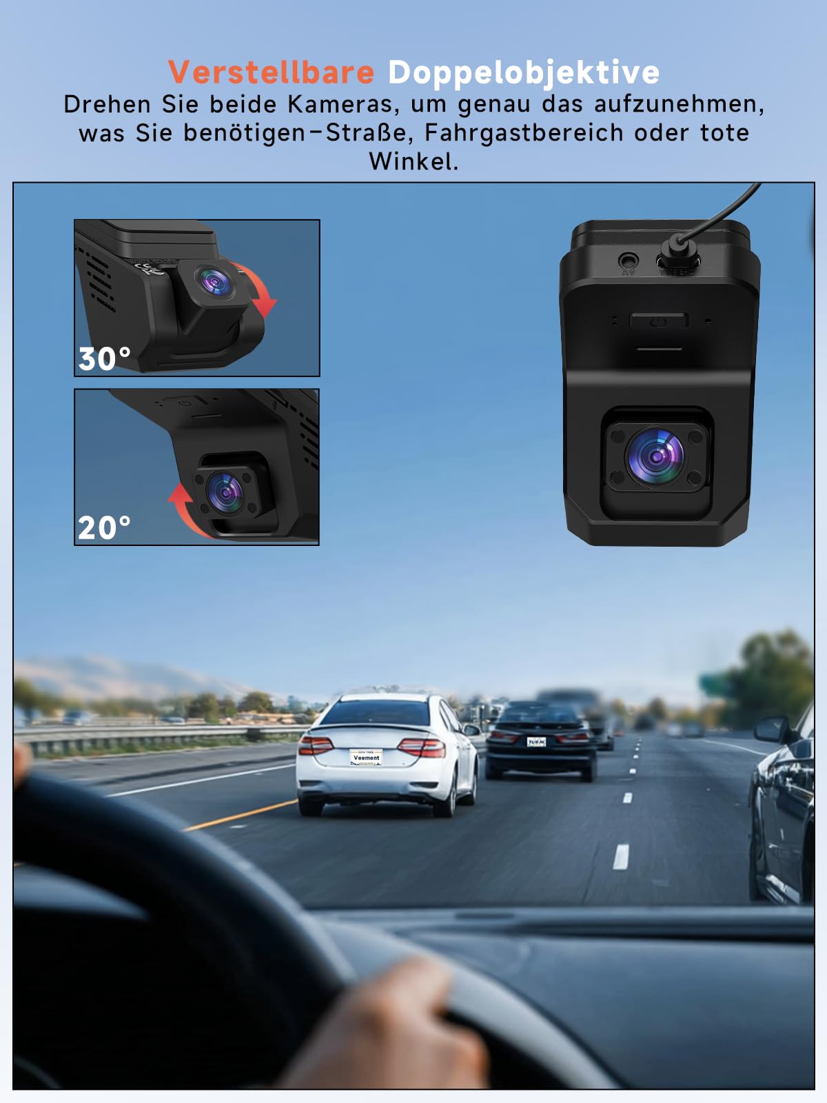 Veement Dashcam Auto Vorne Und Innen 2,5k+1080p, Mini Dash Cam Auto Kamera Mit 32-GB-Karte, Super-Nachtsicht, 4 IR-LEDs, 165° Weitwinkel WDR, G-Sensor, Loop-Aufnahme, 24H Parkmodus (Dunkelschwarz)